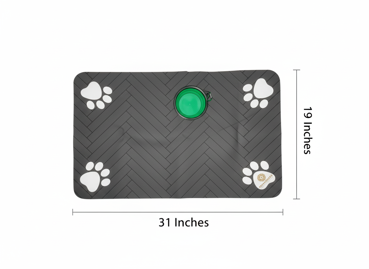 Versamundo Pet Feeding Mat + Collapsible Travel Bowl – Non-Slip Waterproof Mat (19” x 31”) + Portable 5” Silicone Bowl for Dogs & Cats