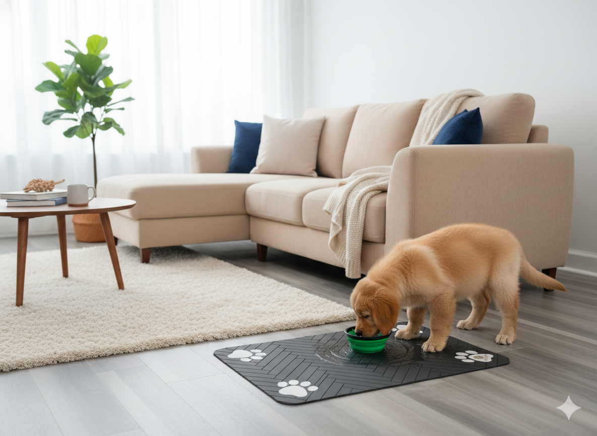 Versamundo Pet Feeding Mat + Collapsible Travel Bowl – Non-Slip Waterproof Mat (19” x 31”) + Portable 5” Silicone Bowl for Dogs & Cats