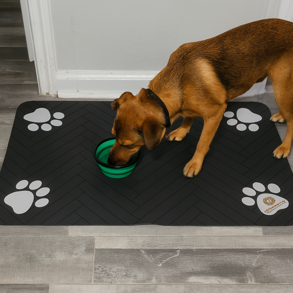 Versamundo Pet Feeding Mat + Collapsible Travel Bowl – Non-Slip Waterproof Mat (19” x 31”) + Portable 5” Silicone Bowl for Dogs & Cats