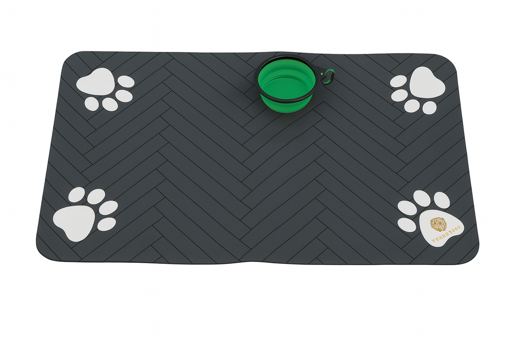 Versamundo Pet Feeding Mat + Collapsible Travel Bowl – Non-Slip Waterproof Mat (19” x 31”) + Portable 5” Silicone Bowl for Dogs & Cats
