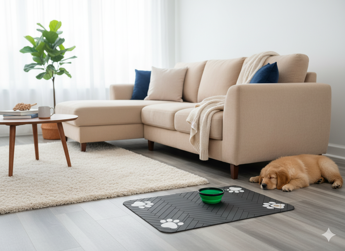 Versamundo Pet Feeding Mat + Collapsible Travel Bowl – Non-Slip Waterproof Mat (19” x 31”) + Portable 5” Silicone Bowl for Dogs & Cats