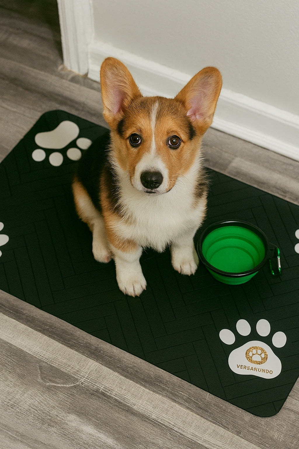 Versamundo Pet Feeding Mat + Collapsible Travel Bowl – Non-Slip Waterproof Mat (19” x 31”) + Portable 5” Silicone Bowl for Dogs & Cats